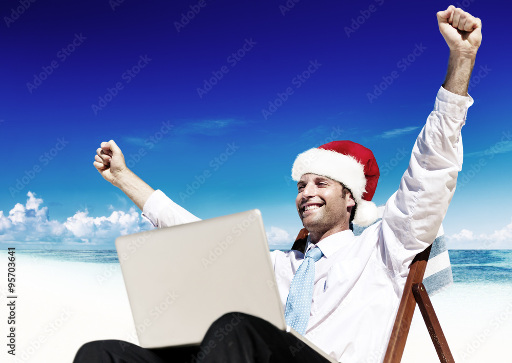 Businessman Santa Hat Beach Summer Concept