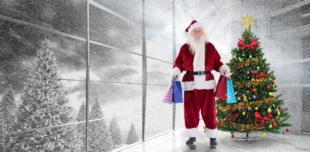 Composite image of santa carries some christmas bags