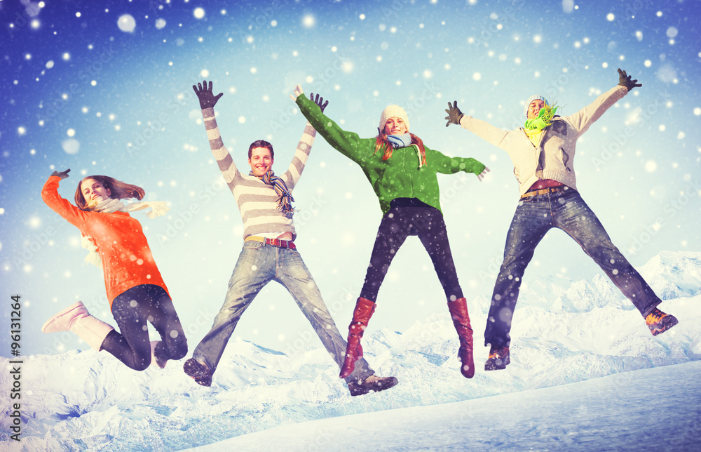 People Winter Jumping Snow Playful Concept