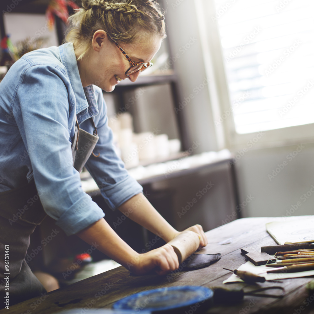 Woman Rolling Clay Craftsman Skill Concept