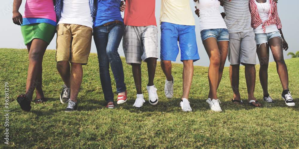 Group Casual People Walking Together Outdoors Concept