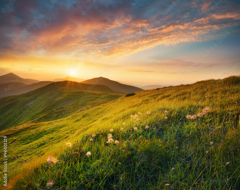 Mountain field during sunset. Beautiful natural landscape