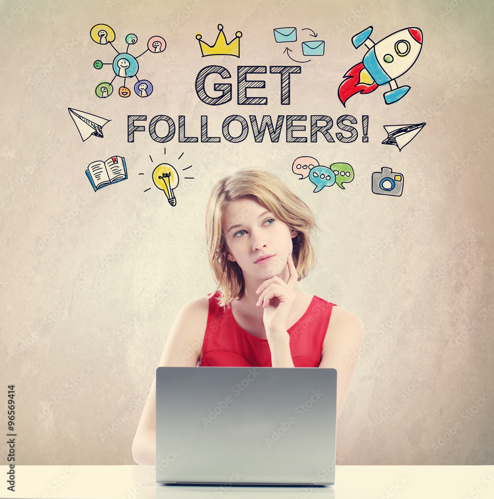 Get Followers concept with woman working on laptop