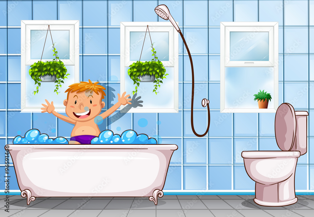 Boy taking a bath in bathroom