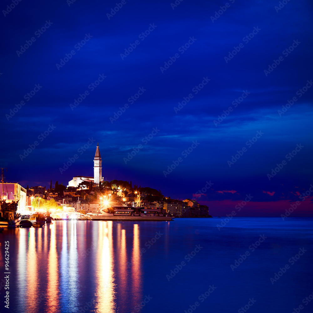 Night View of Medieval Town Rovinj in Croatia