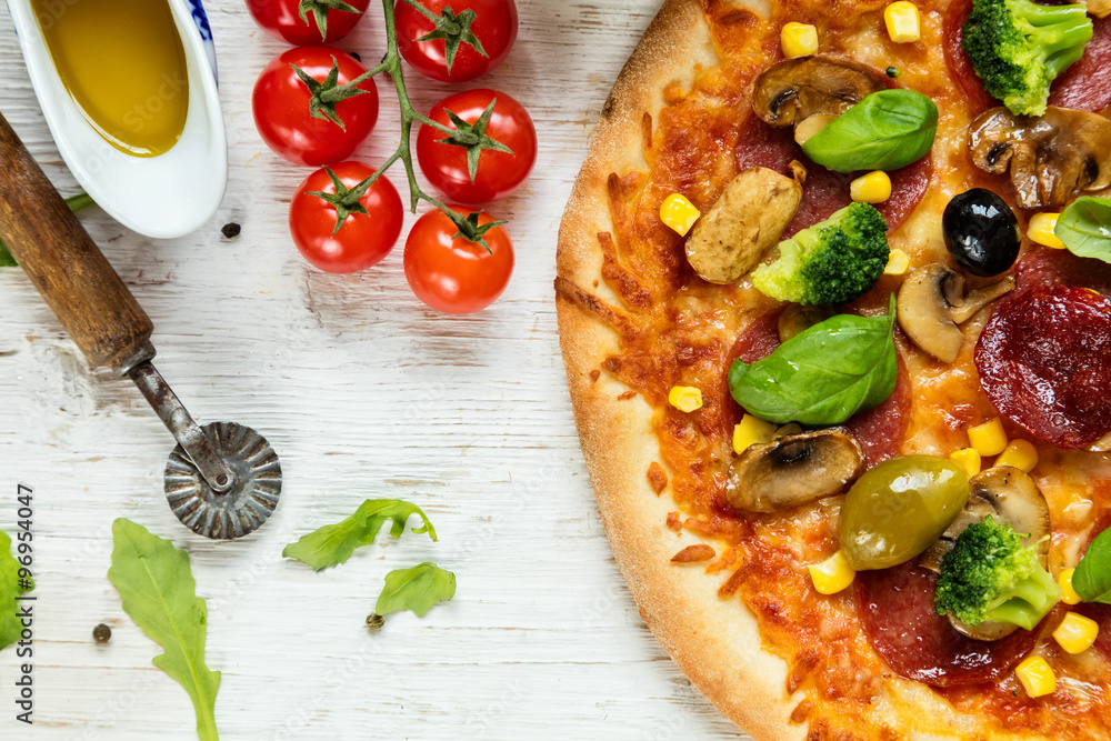 Delicious italian pizza served on wooden table