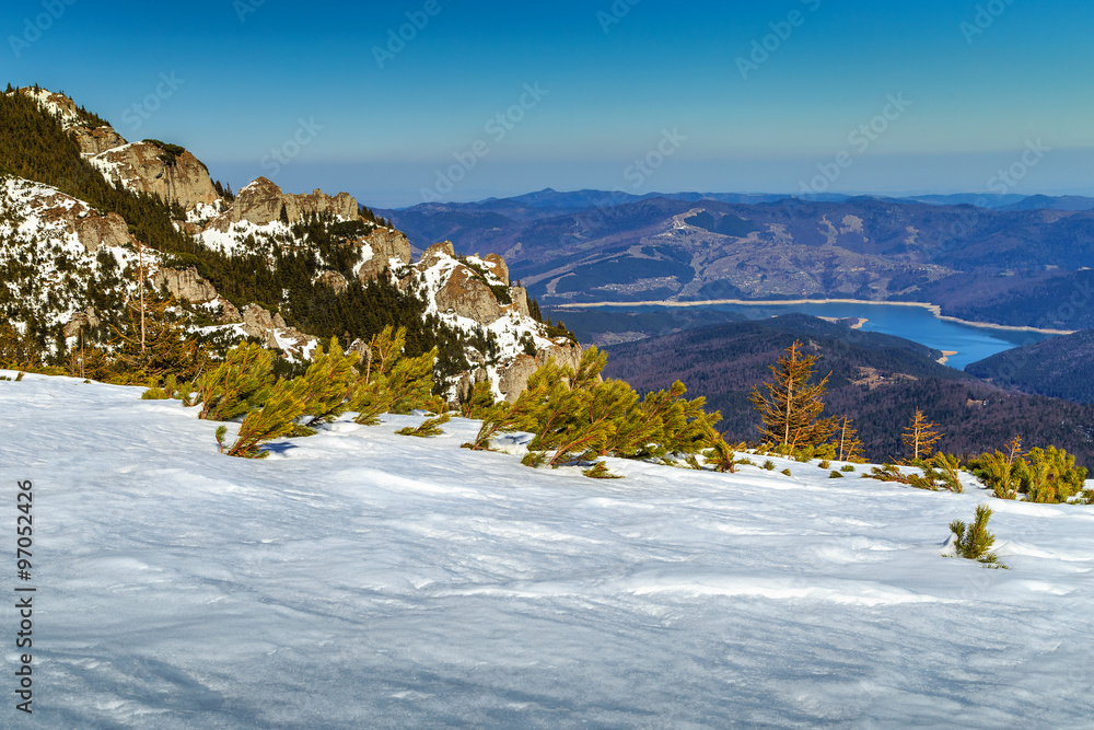 Winter landscape,Bicaz lake view from the Ceahlau mountains,Romania