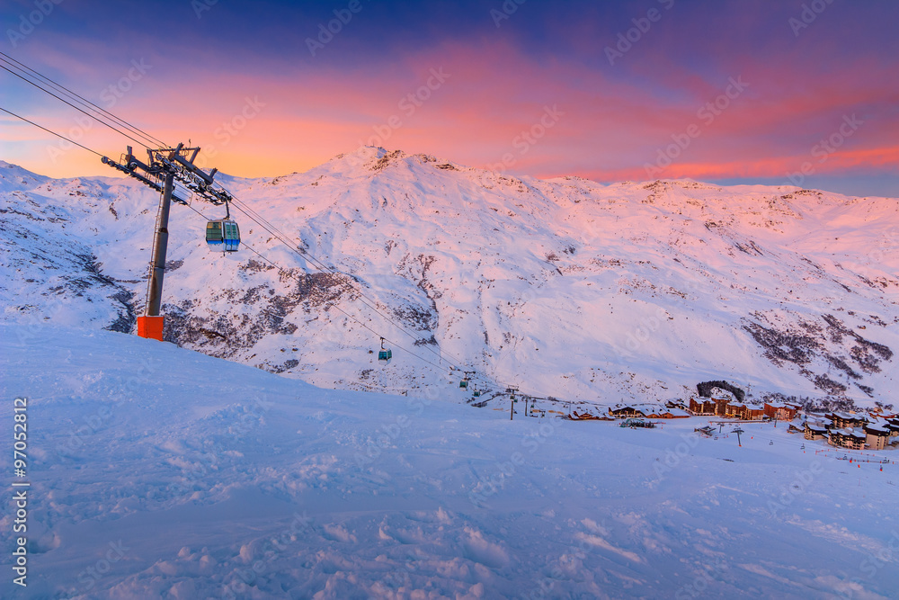 Stunning sunrise and ski resort in the French Alps,Europe