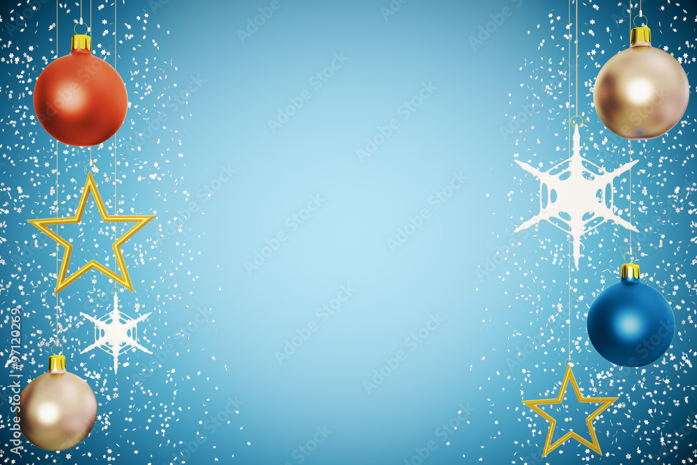 Christmas tree balls with golden stars at blue background