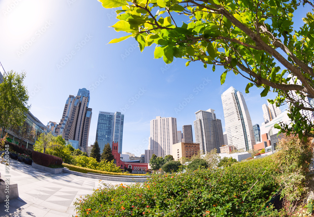 Yerba Buena Gardens park during summer sunny day