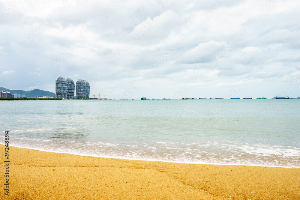 skyline,golden beach and sea