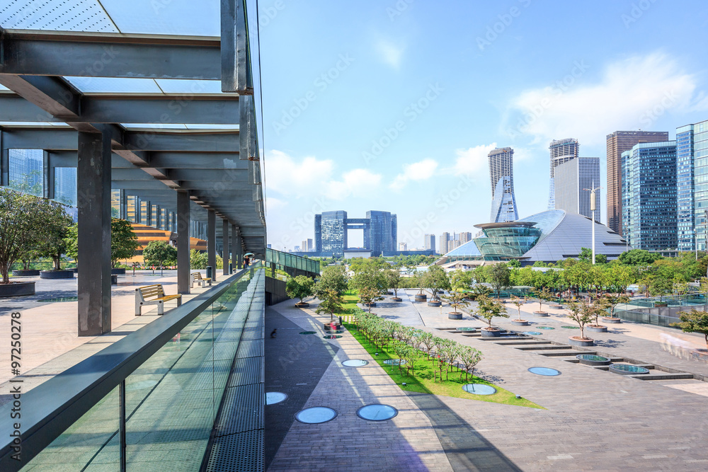 skyline and landscape of empty square and moder buildings