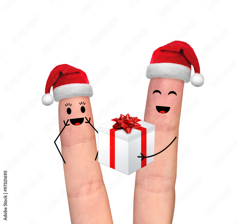 Happy finger couple in love celebrating Xmas