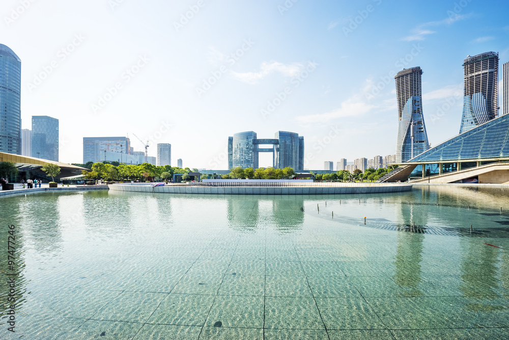 skyline,water and reflection of modern buildings