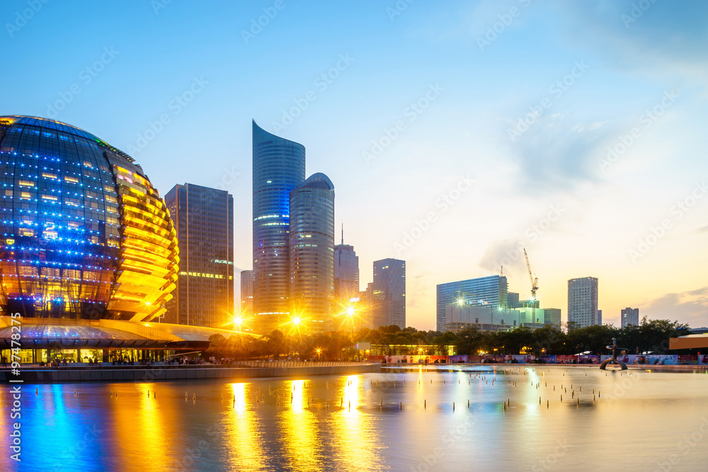 skyline,water and reflection of modern buildings