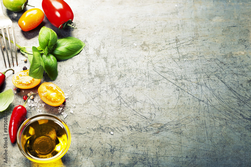 Fresh organic vegetables on rustic background