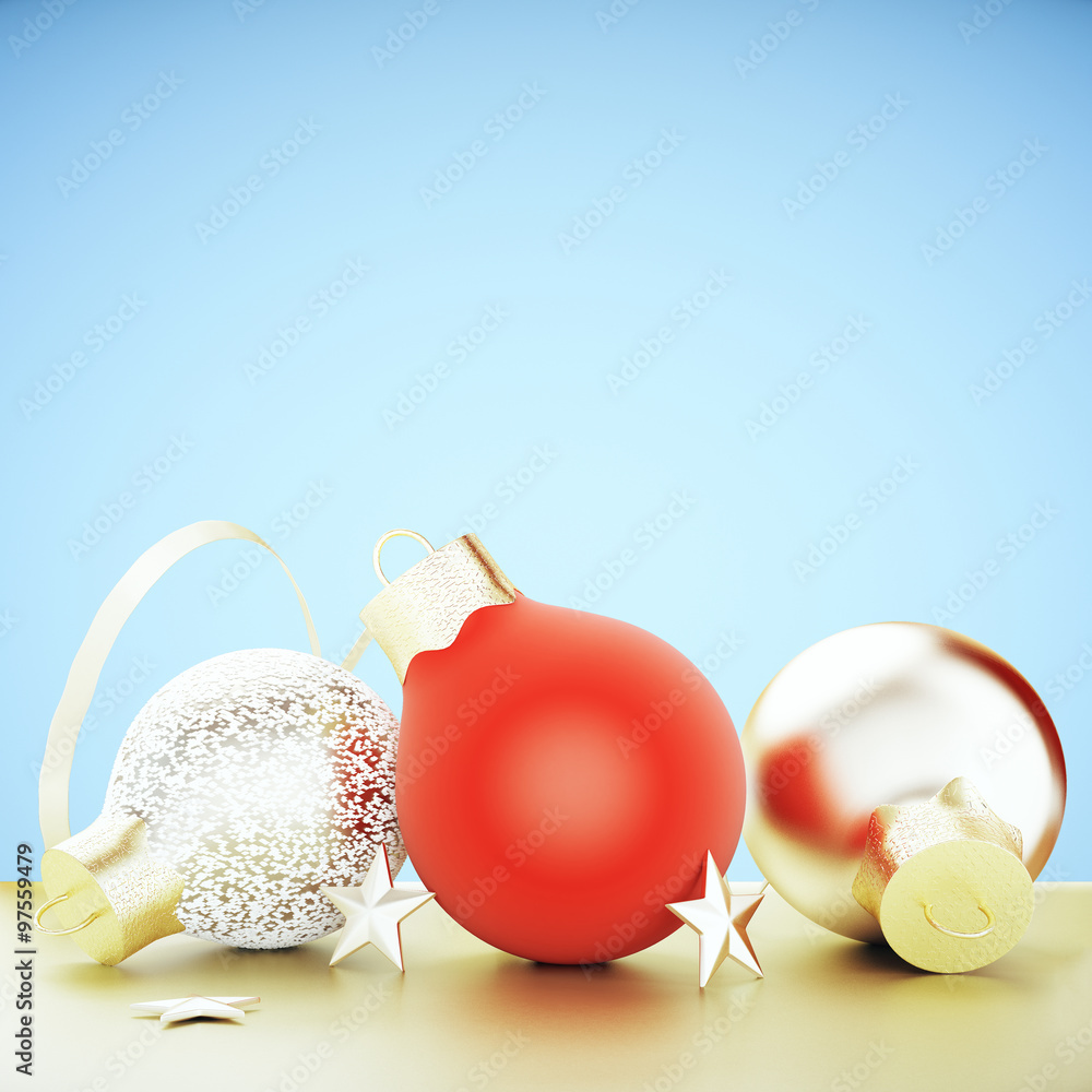 Christmas tree toys - red and golden balls at blue background