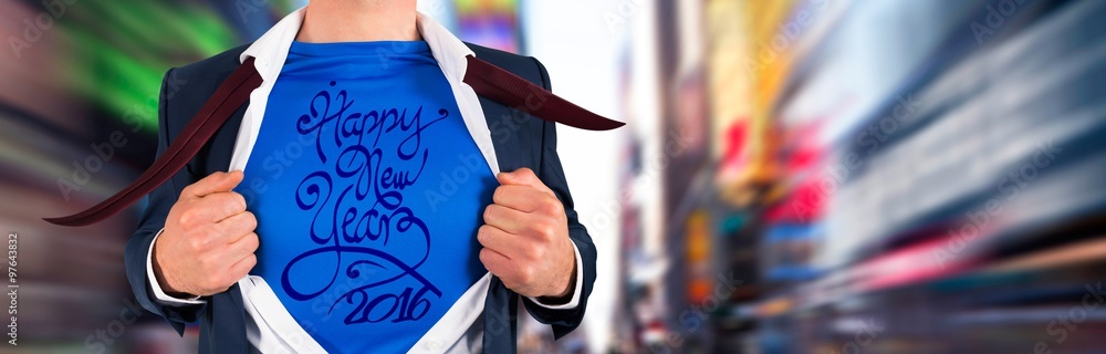 Composite image of businessman opening his shirt superhero style