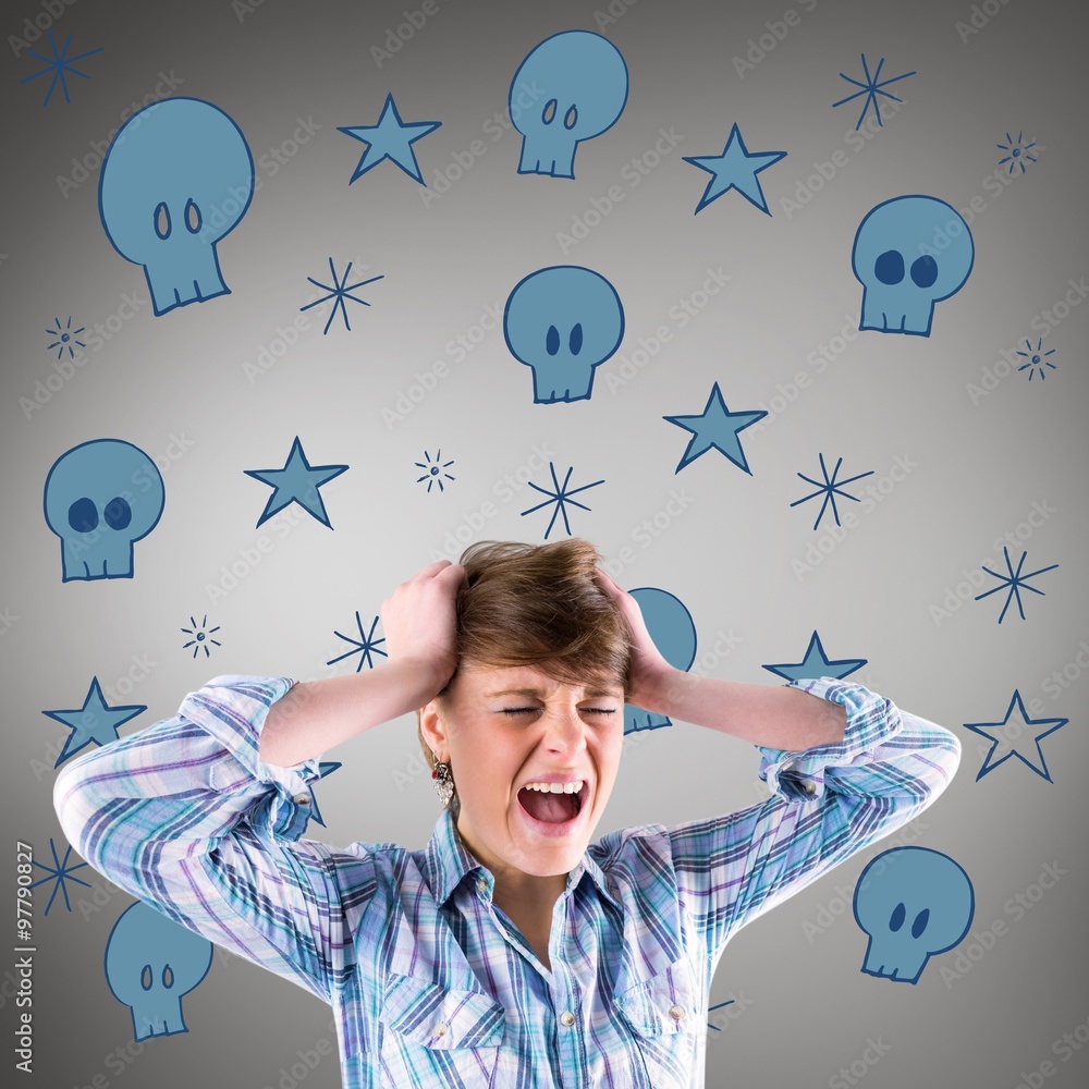 Composite image of pretty brunette shouting with hands on head