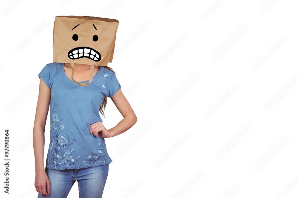 Composite image of woman posing with bag on head