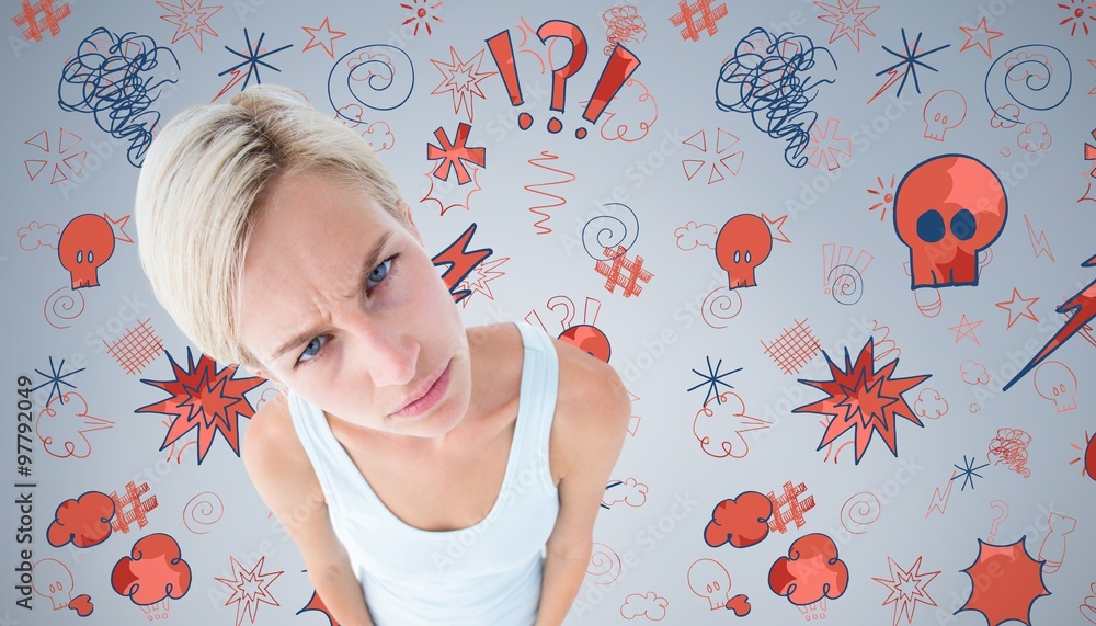 Composite image of upset woman looking at camera 