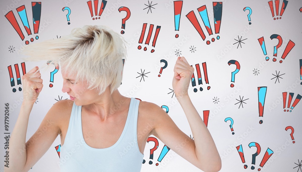 Composite image of angry woman shaking her head