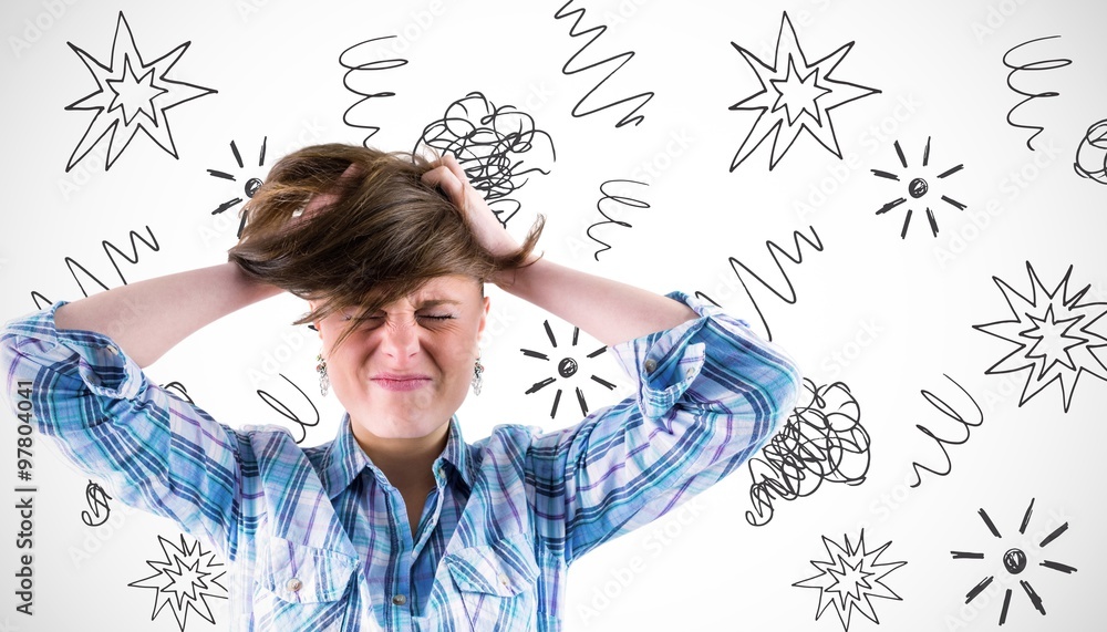 Composite image of pretty brunette getting a headache