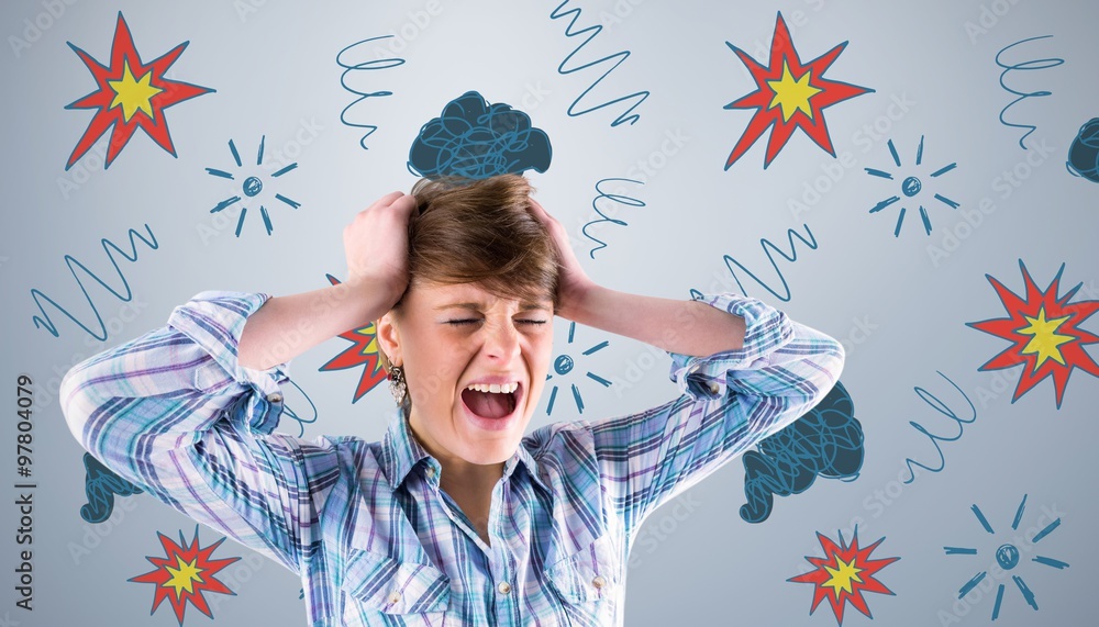 Composite image of pretty brunette shouting with hands on head