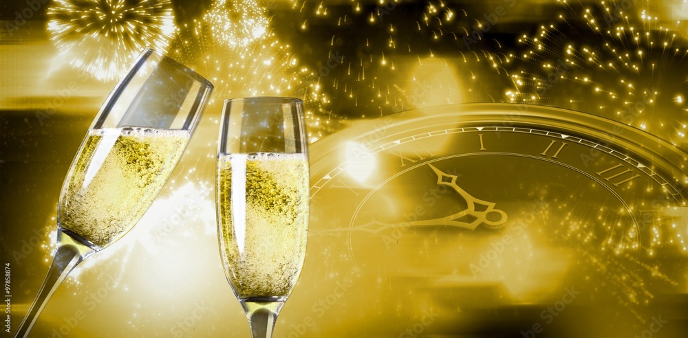 Composite image of champagne glasses clinking