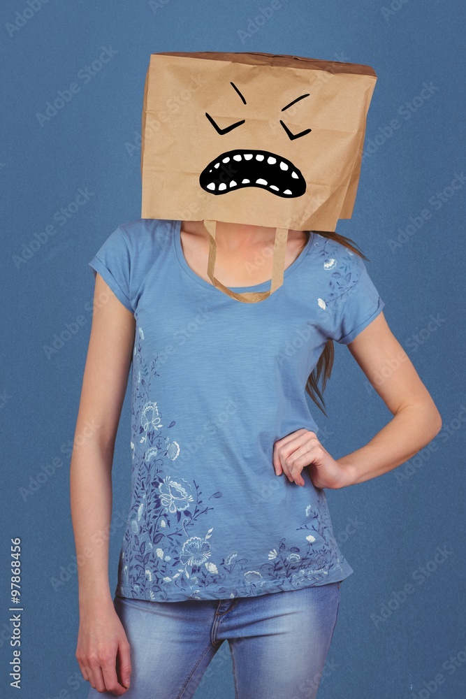 Composite image of woman posing with bag on head