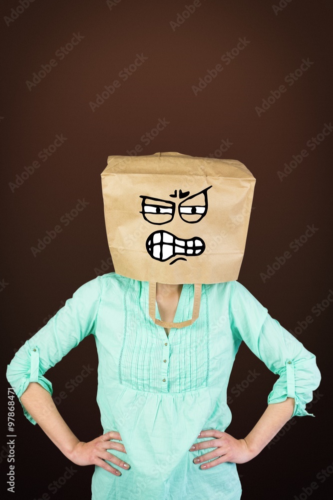 Composite image of woman covering head with brown paper bag 