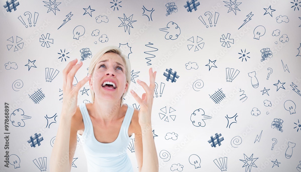 Composite image of upset woman yelling with hands up 