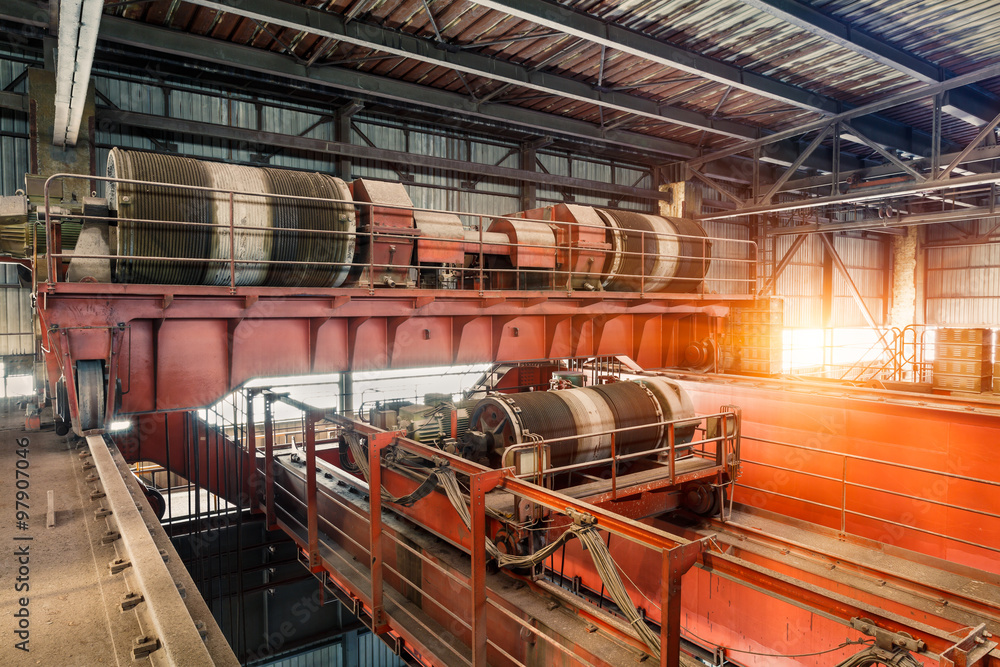 Large industrial crane equipment scene in steel mill