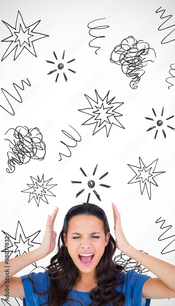 Composite image of angry brunette shouting at camera