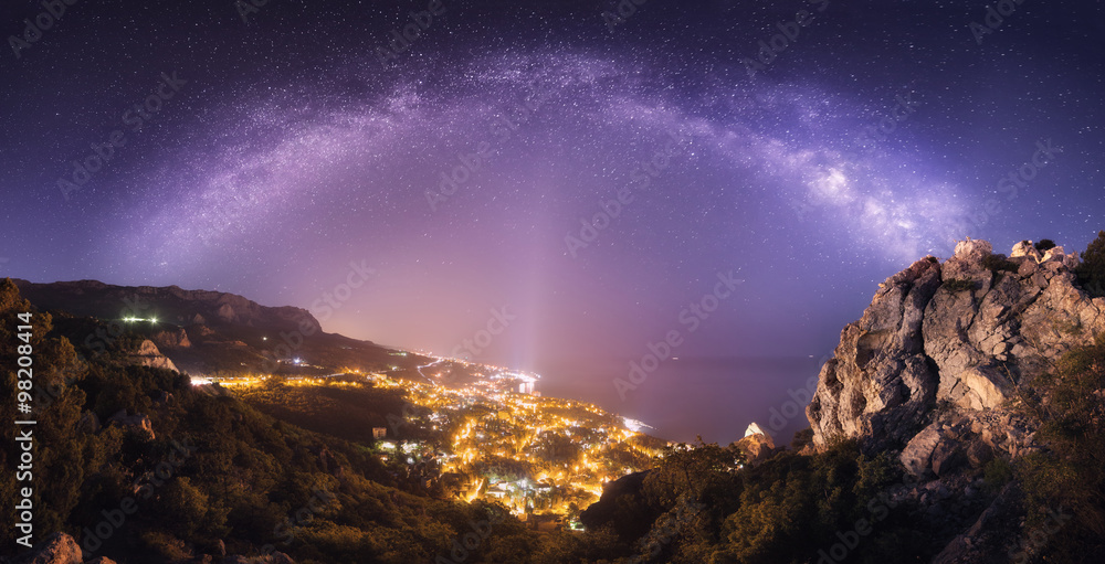 银河与城市灯光交相辉映的美丽夜景