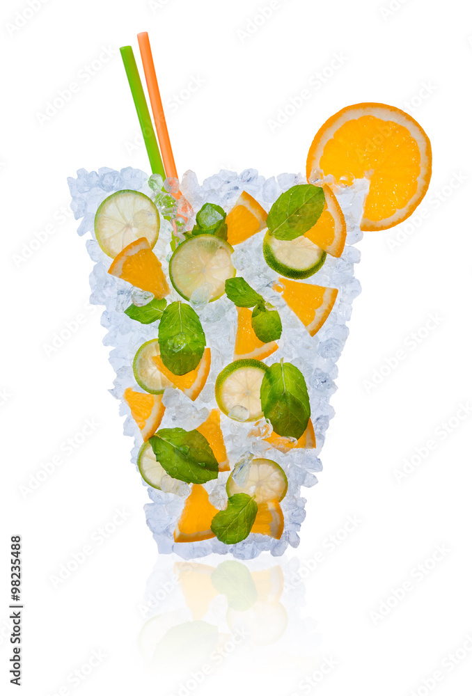 Ice citrus cocktail with ice cubes on white background