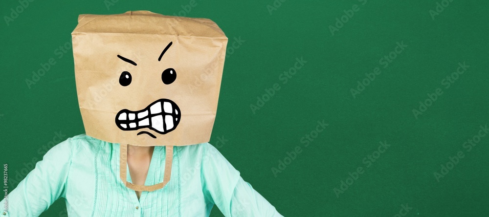 Composite image of woman covering head with brown paper bag 