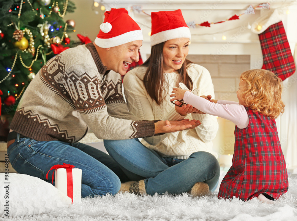 Happy Family on Christmas tree background