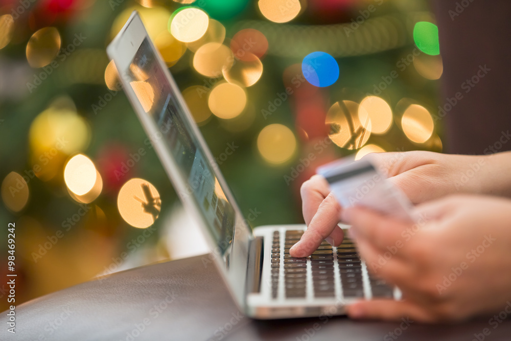 Holiday shopping using laptop computer, photographed against christmas tree lights 