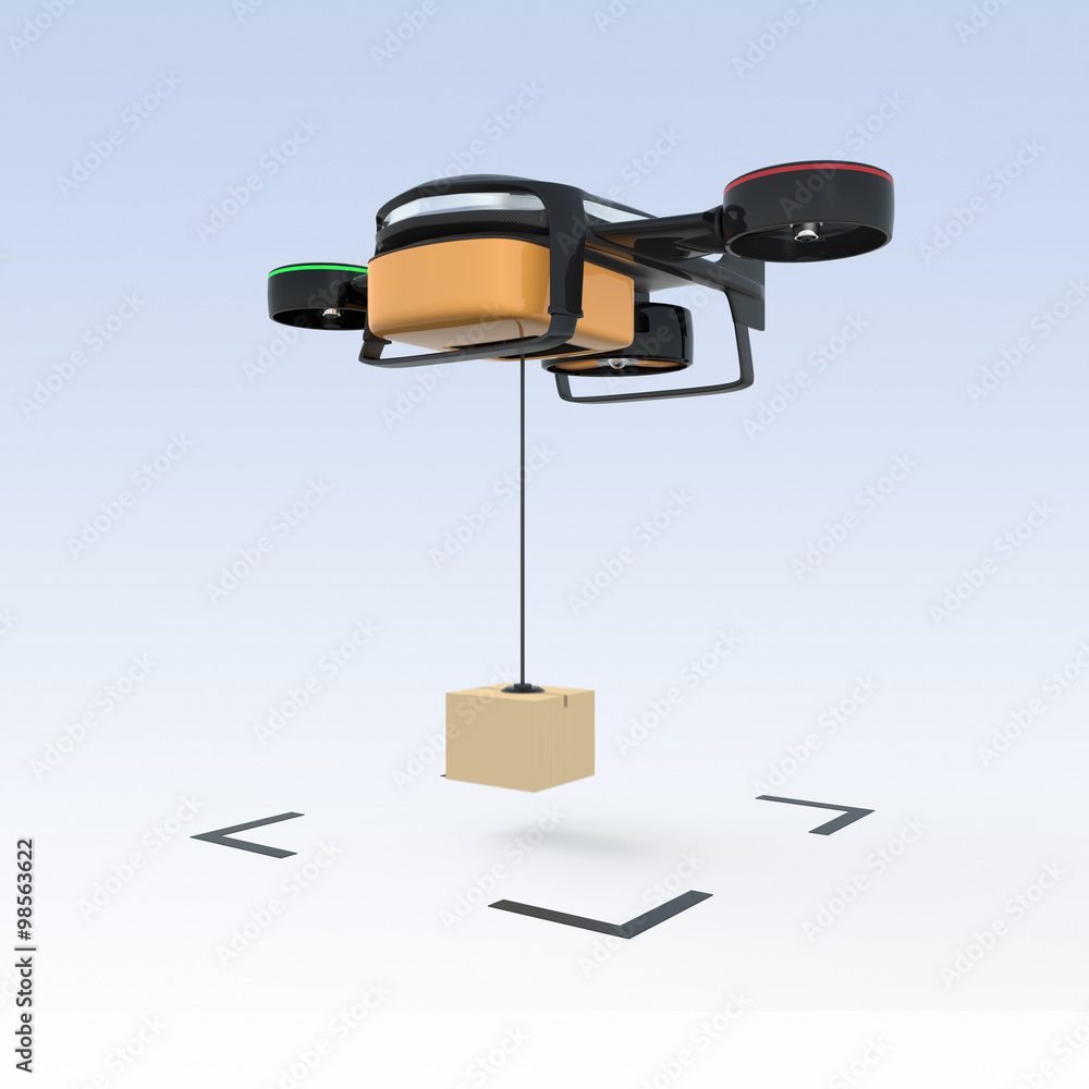 Drone drop down carton to the ground. Fast business delivery concept.