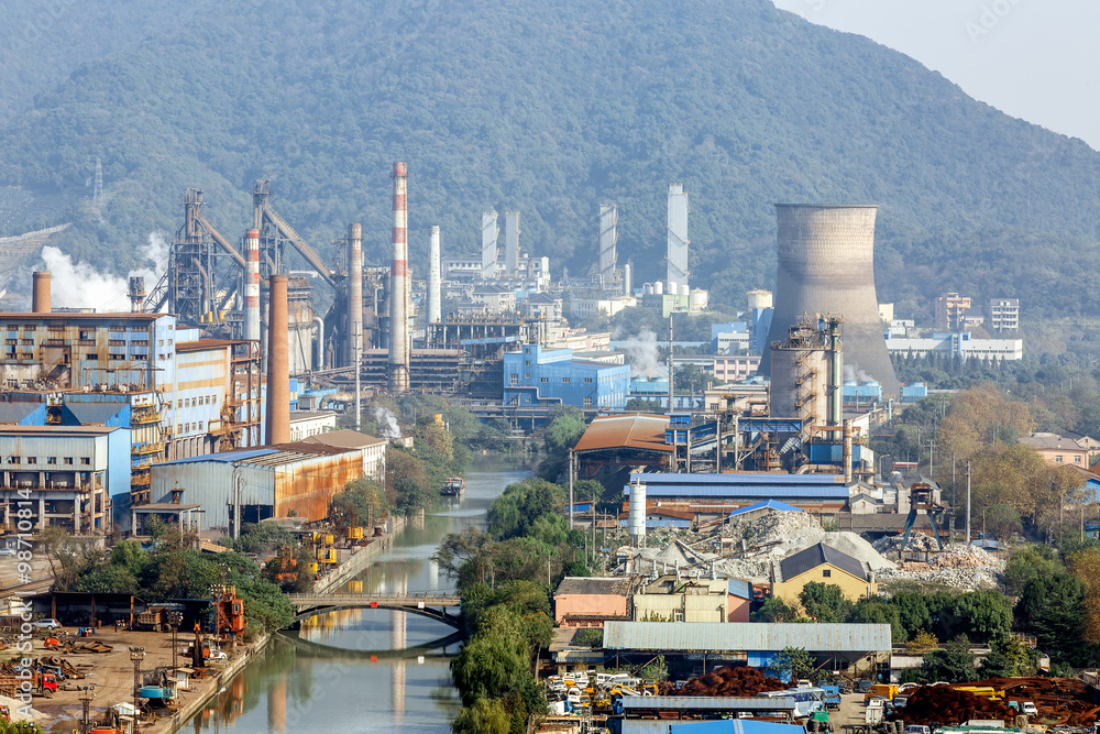 Steel mills Smoke and powder dust pollution in large industrial District