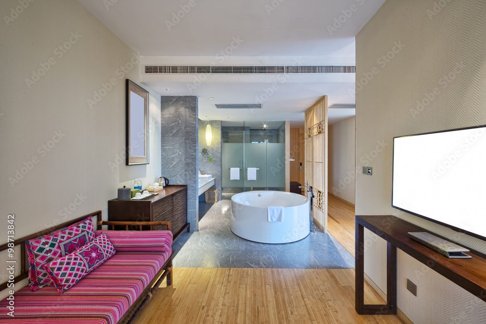 interior of modern bathroom with big bathtub