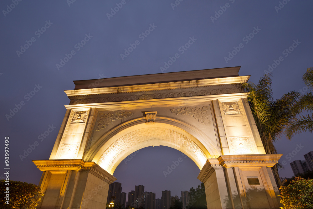 facade of architecture and skyline at night