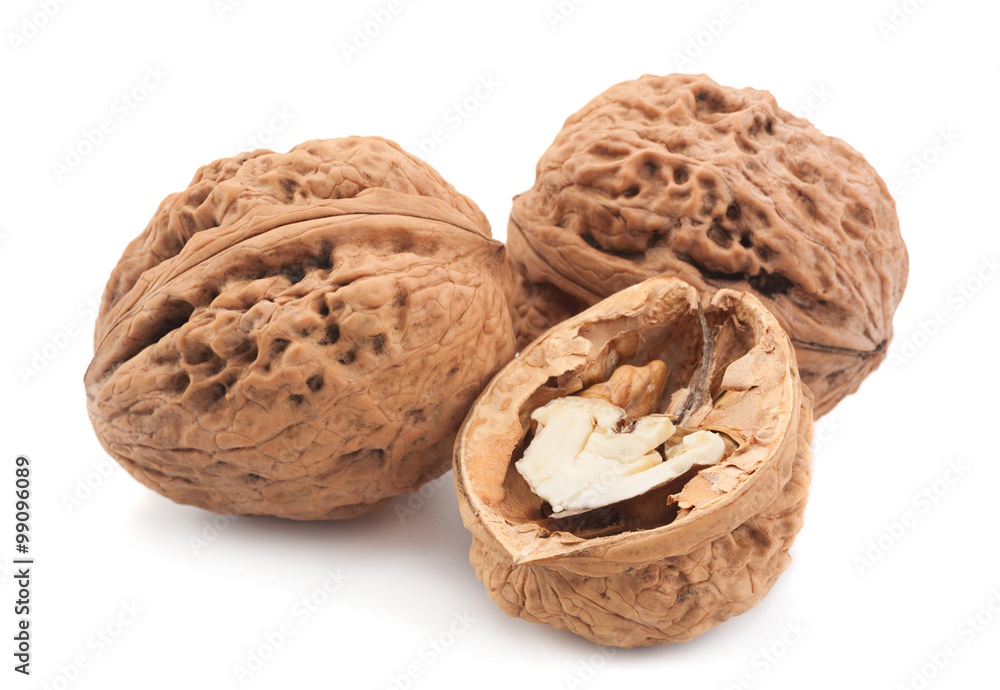 Walnut fruit on white