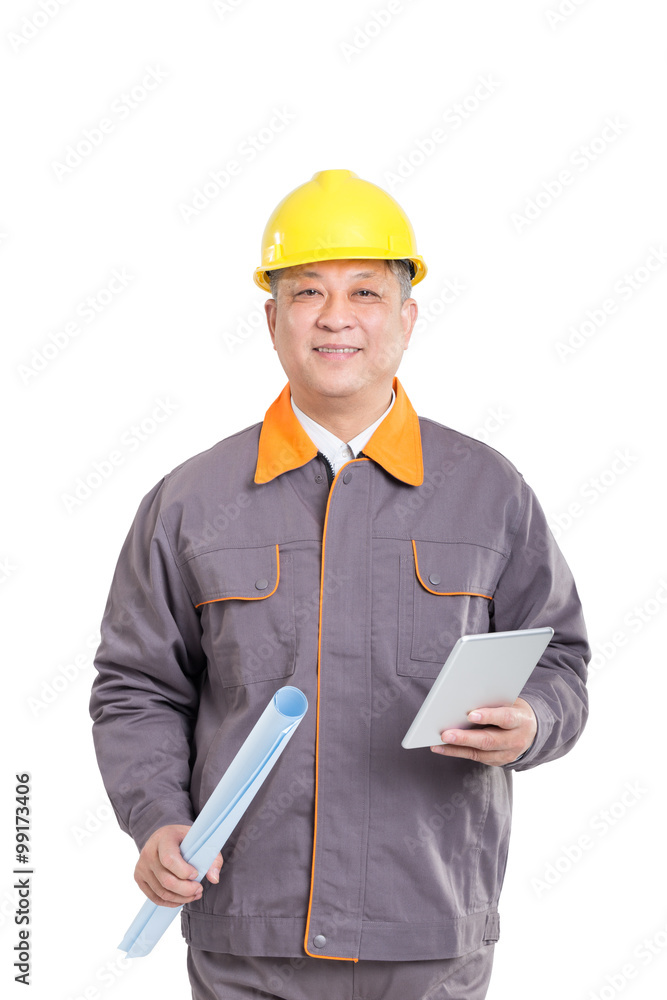 isolated engineer in hardhat with blueprint and tablet