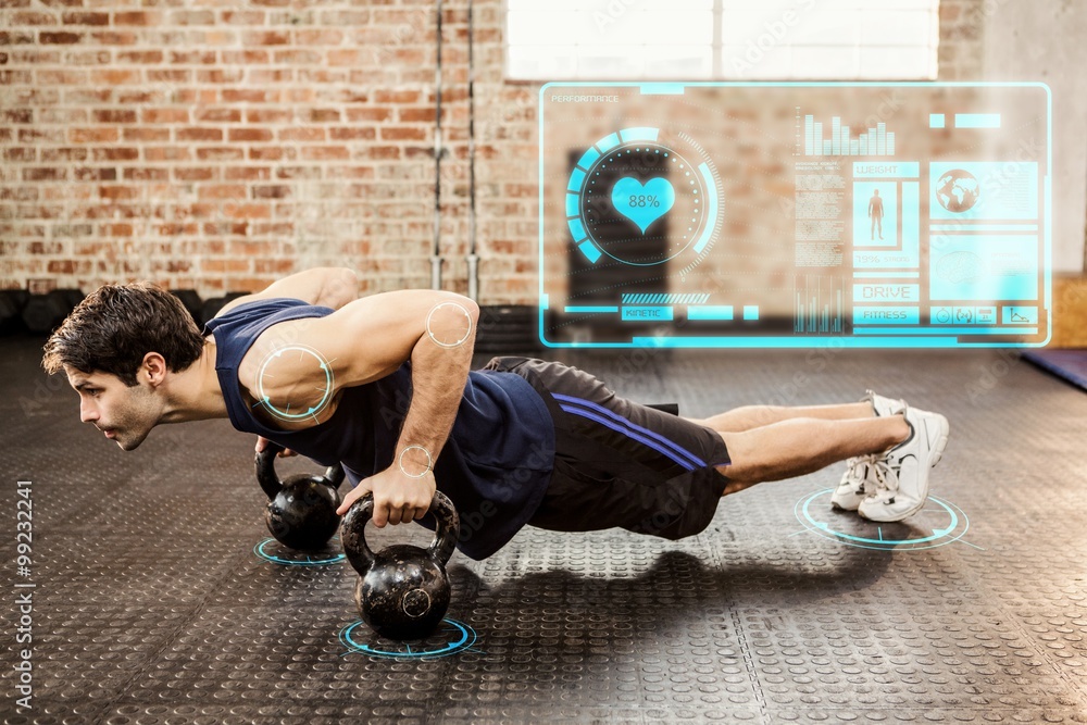 Composite image of man doing push ups with kettlebell