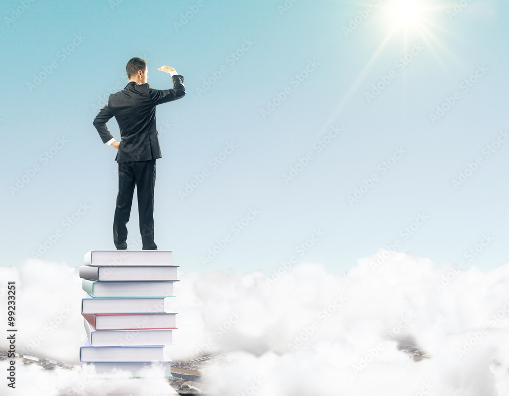 Businessman staying on the pile of books on the top among clouds