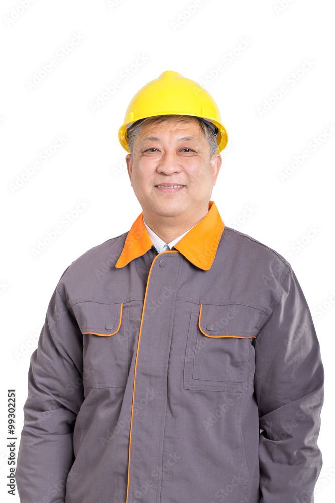 isolated portrait engineer with yellow hardhat