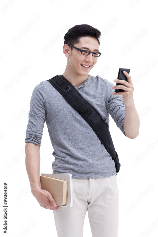 Male college student and mobile phone