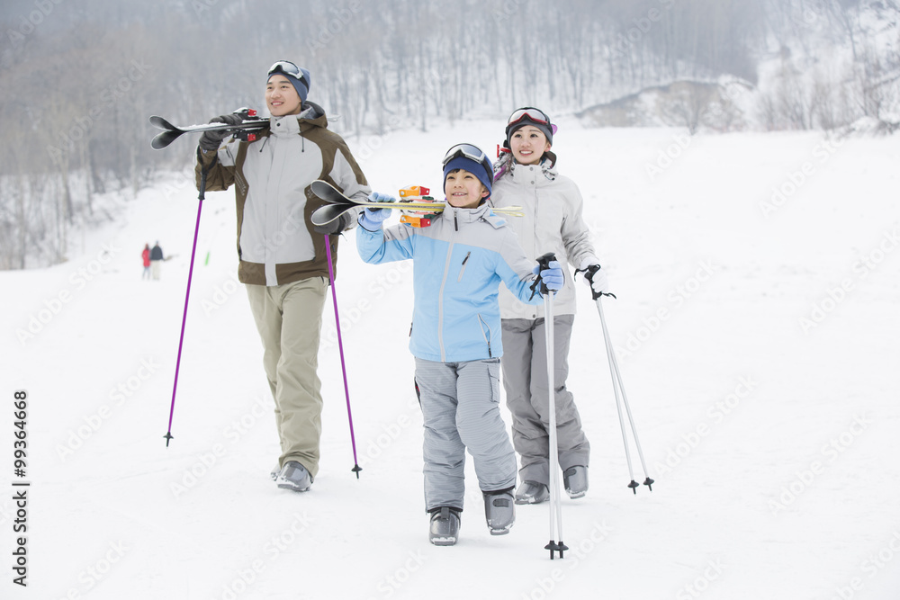 Young family skiing in ski resort